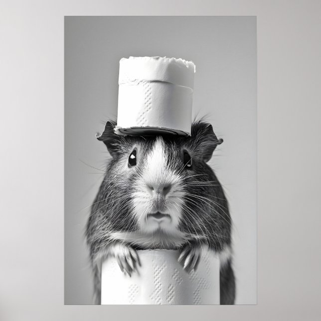 Póster Funny Guinea Pig Bathroom Print, Toilet Paper Hat (Frente)