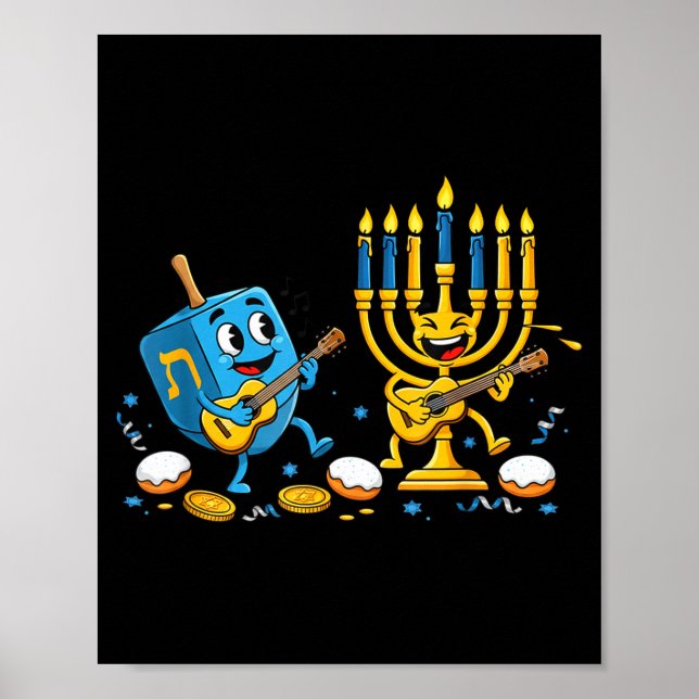 Póster Funny Guitar Dreidel Menorah Hanukkah Kids Womens  (Frente)