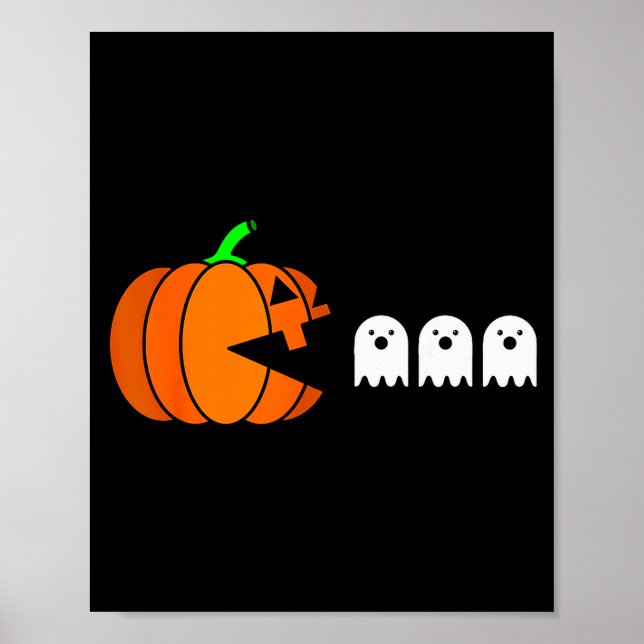 Póster Funny Halloween Pumpkin Eating Ghost, Gamer Men Wo (Frente)