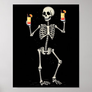 Póster Funny Halloween Skeleton Bebiendo Tequila Sunrise