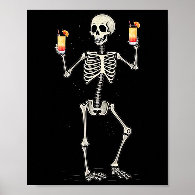 Póster Funny Halloween Skeleton Bebiendo Tequila Sunrise (Frente)