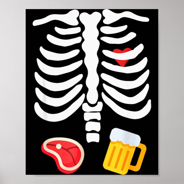 Póster Funny Halloween Skeleton Beer &amp; Steak Costume  (Frente)