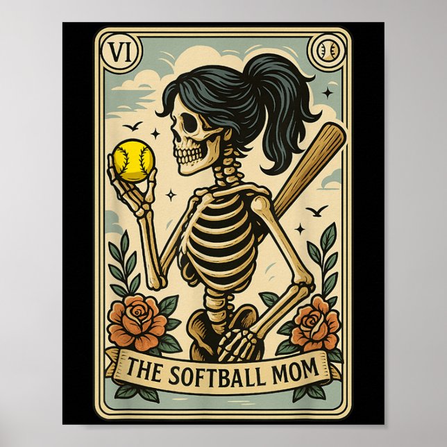 Póster Funny Halloween Softball Mama Skeleton Tarot C (Frente)