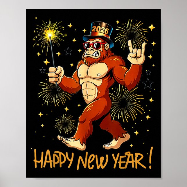 Póster Funny Happy New Year 2026 Bigfoot Lovers New Years (Frente)