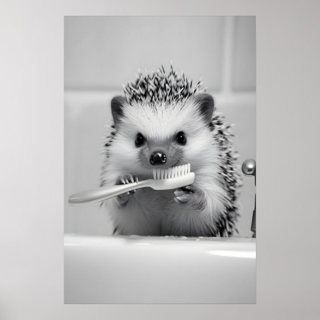 Póster Funny Hedgehog Brushing Teeth Bathroom Print (Frente)