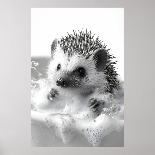 Póster Funny Hedgehog Bubble Bath Print, Bathroom Animal (Frente)