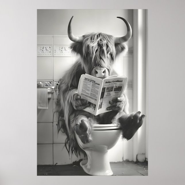 Póster Funny Highland Cow Bathroom Print, Newspaper (Frente)