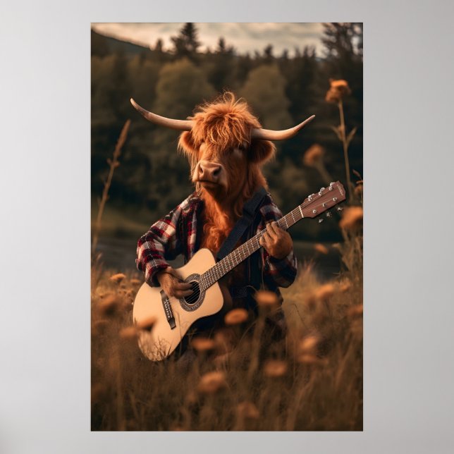 Póster Funny Highland Cow Guitar Print, Farm Animal Art (Frente)