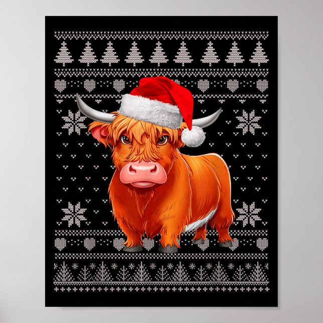 Póster Funny Highland Cow Ugly Christmas Sweater Santa Xm (Frente)