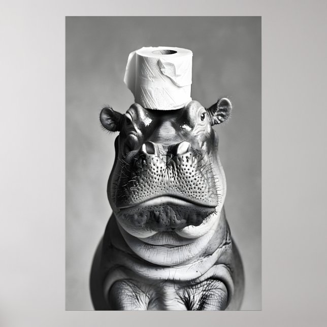 Póster Funny Hippo Bathroom Art Print, Toilet Paper Hat (Frente)