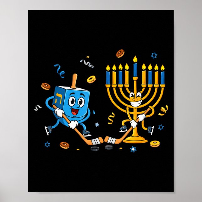 Póster Funny Hockey Dreidel Menorah Hanukkah Kids Womens  (Frente)