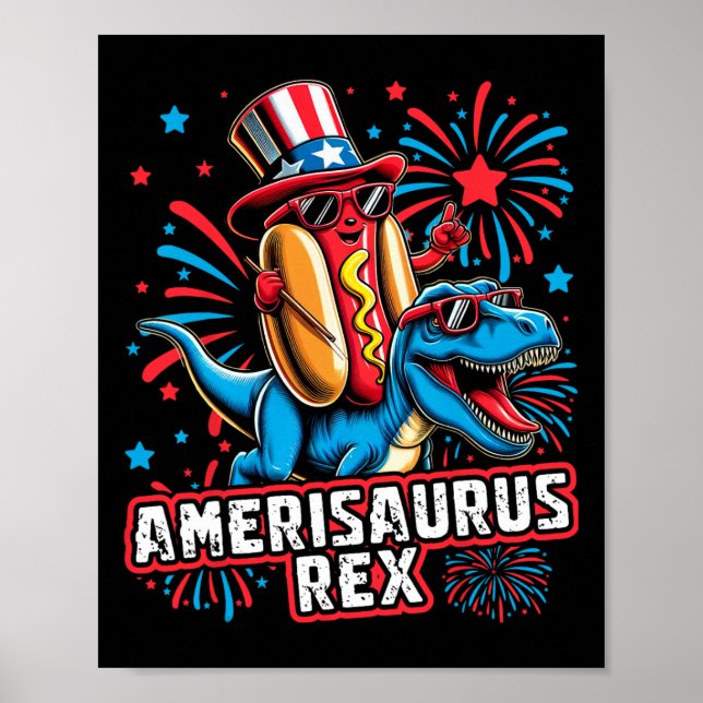 Póster Funny Hotdog T Rex Dinosaur 4 De Julio Amerisauru (Frente)