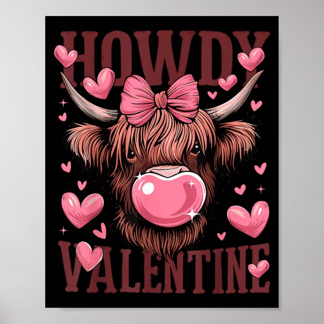 Póster Funny Howdy Valentine Highland Cow Valentine’s Day (Frente)