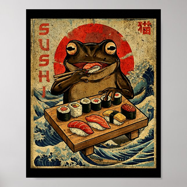 Póster Funny Japanese Kawai Frog Pun Food Frog Humor Sush (Frente)