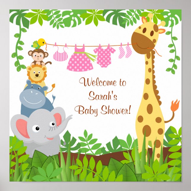 Póster Funny Jungle Baby Animals Baby Shower Poster (Frente)