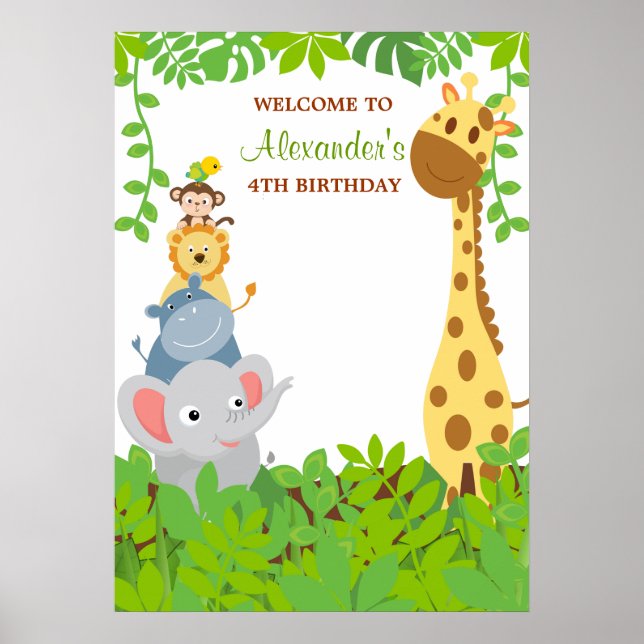 Póster Funny Jungle Baby Animals Birthday Party Poster (Frente)