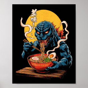 Póster Funny Kaiju comiendo Ramen Monstruo japonés Lover