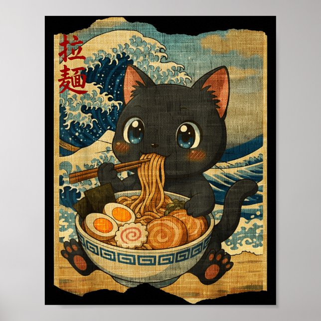 Póster Funny Kawaii Black Cat Ramen Noodle Bowl Japanese  (Frente)