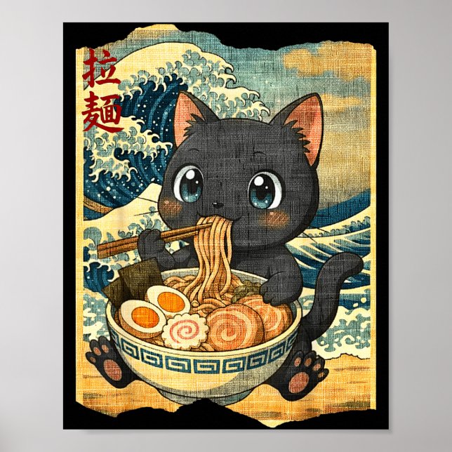 Póster Funny Kawaii Black Cat Ramen Noodle Bowl Japanese  (Frente)