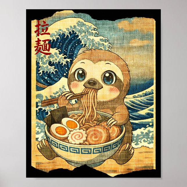 Póster Funny Kawaii Sloth Ramen Noodle Bowl Japanese Wave (Frente)