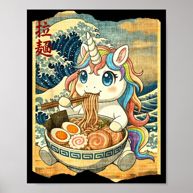 Póster Funny Kawaii Unicorn Ramen Noodle Bowl Japanese Wa (Frente)