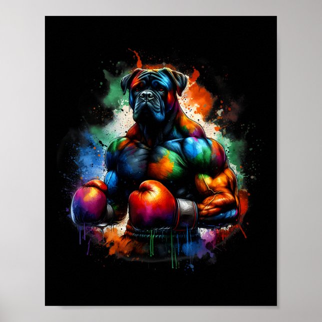 Póster Funny Kickboxing Or Boxing Boxer Dog Paint Splash  (Frente)