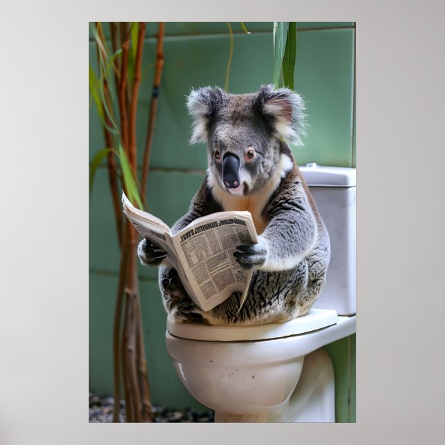 Póster Funny Koala Bathroom Print, Reading Newspaper (Frente)