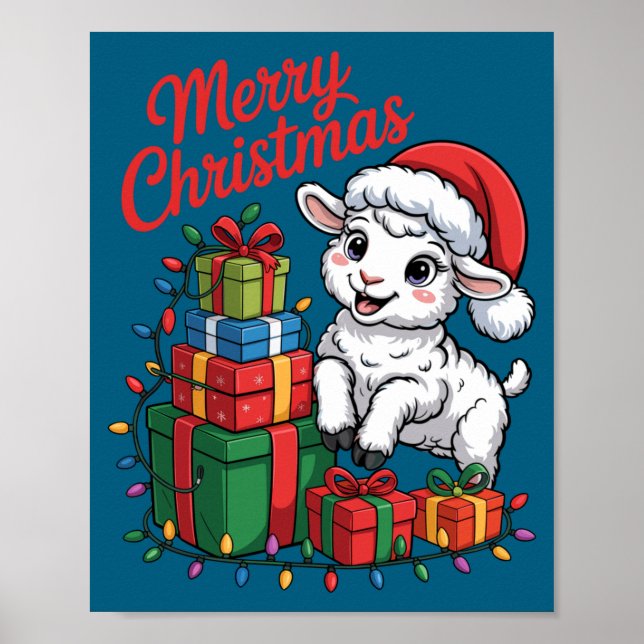 Póster Funny Lamb Santa Hat Animals Lovers Ugly Christmas (Frente)