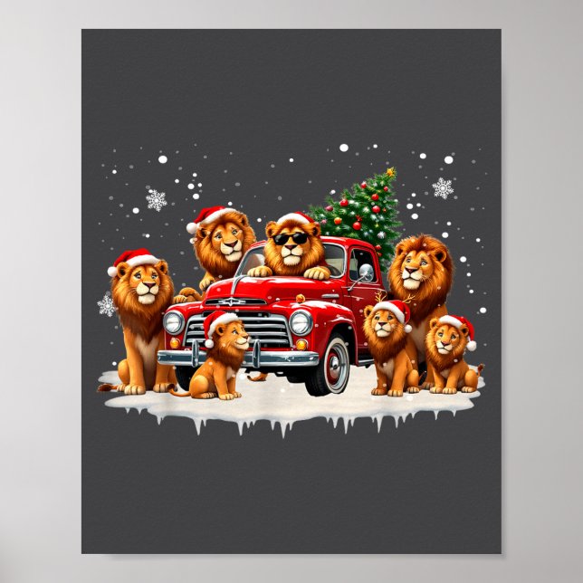 Póster Funny Lion Riding Christmas Tree Truck Christmas  (Frente)