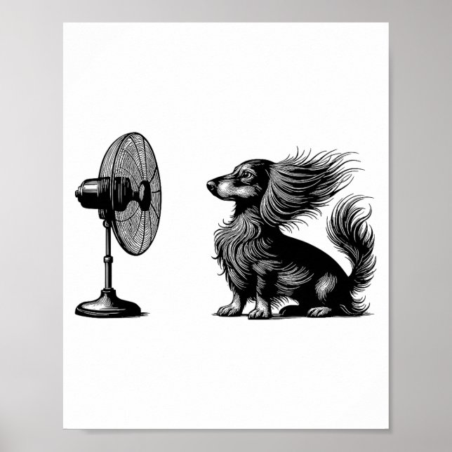 Póster Funny Long Haired Dachshund Dog With Fan Doxie Wie (Frente)