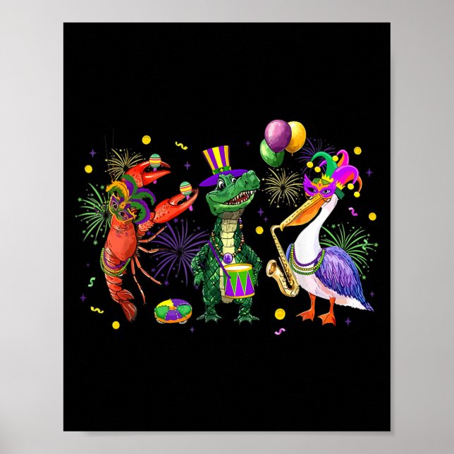 Póster Funny Mardi Gras 2026 Crocodile Crawfish Pelican N (Frente)