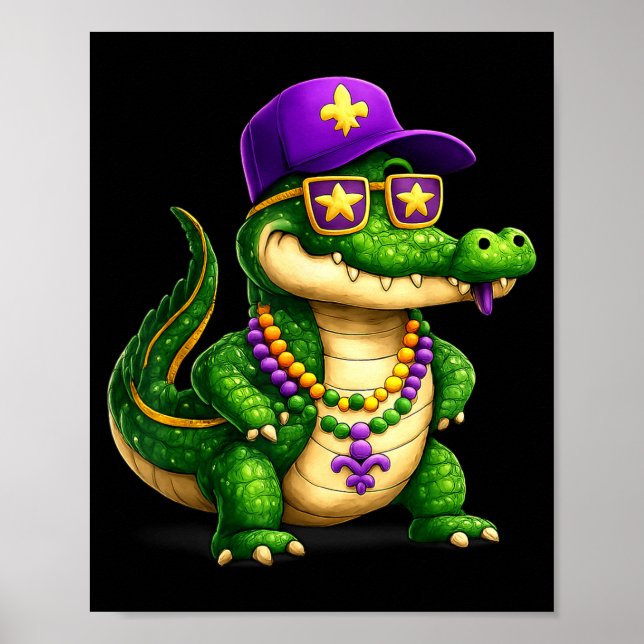 Póster Funny Mardi Gras Alligator Beads Carnival Celebrat (Frente)