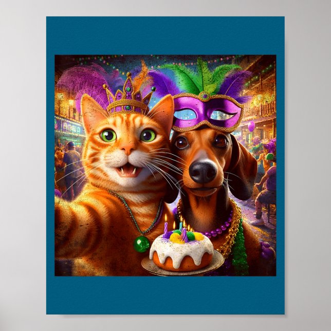 Póster Funny Mardi Gras Cat Dachshund Selfie Squad  (Frente)