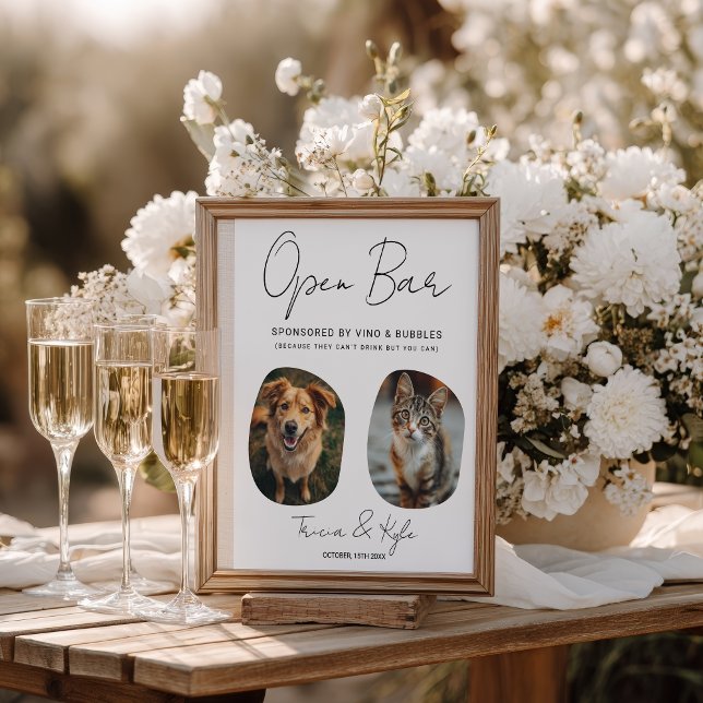 Póster Funny Mascota Cute Foto Abrir barra Menú Boda Rótu (Funny Cute Pet Photo Open Bar Menu Wedding Sign)