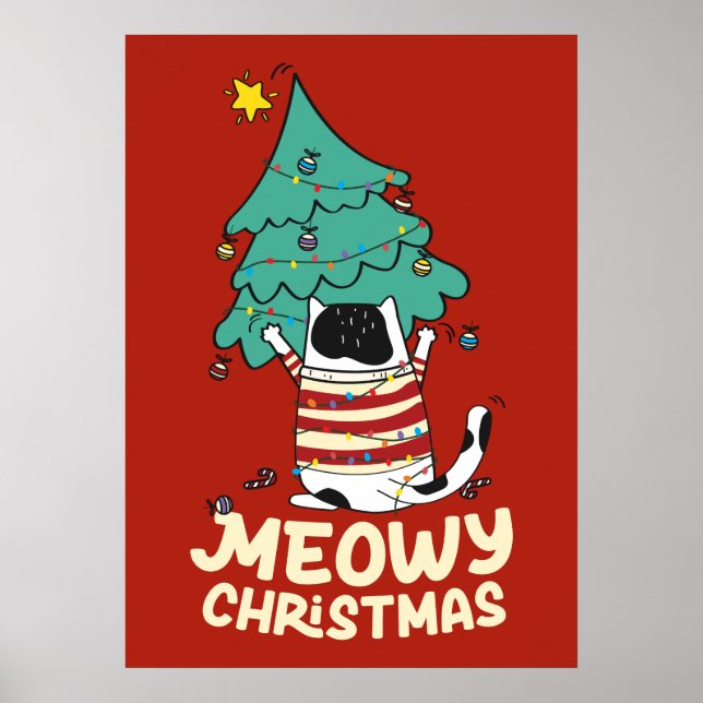 Póster Funny Meowy Christmas Grumpy Tuxedo Cat Xmas Tree  (Frente)