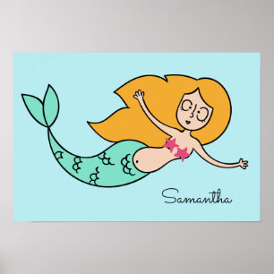 Póster Funny Mermaid nombre personalizado y poster de col
