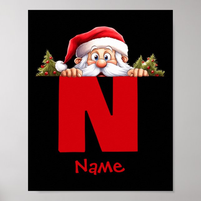 Póster Funny Monogram Family Christmas Red Santa  (Frente)