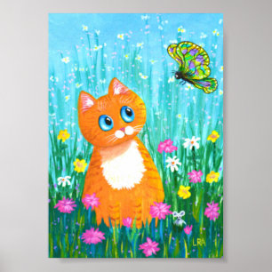 Póster Funny Naranja Tabby Cat Butterfly Creationarts