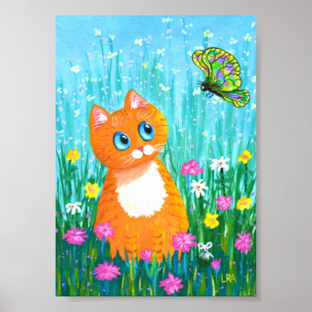 Póster Funny Naranja Tabby Cat Butterfly Creationarts (Frente)