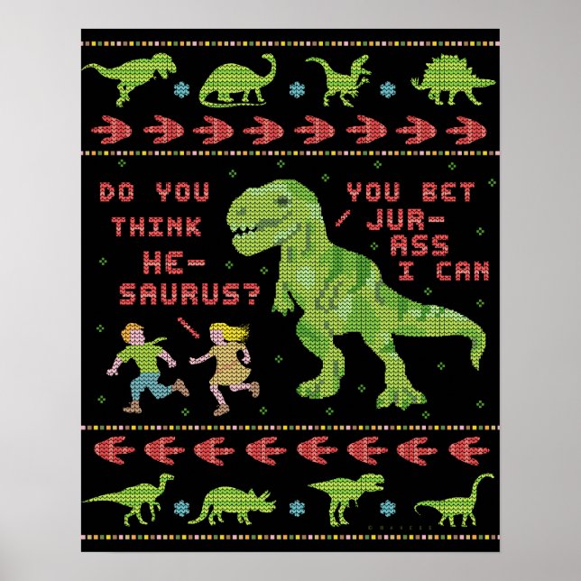 Póster Funny Navidades Rex Dinosaur Pun Humor Faux Knit (Frente)