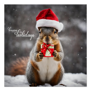 Póster Funny Navidades Santa Squirrel con el presente