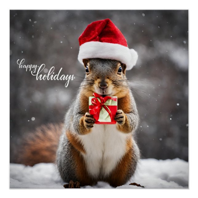 Póster Funny Navidades Santa Squirrel con el presente (Anverso)