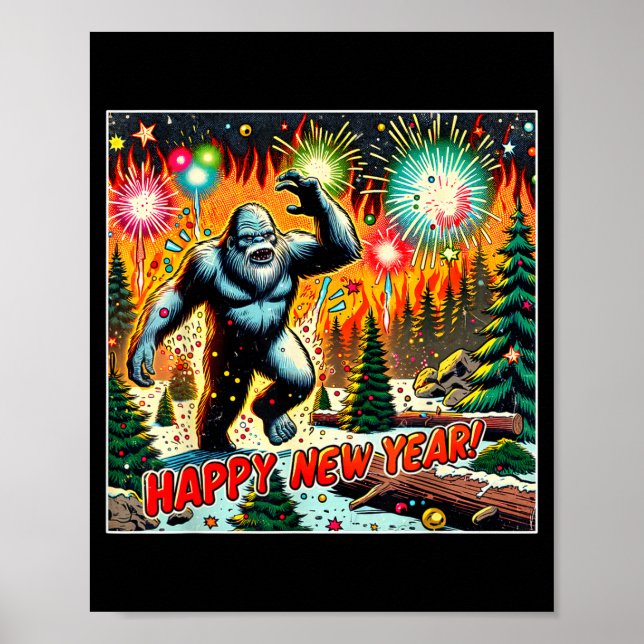Póster Funny New Years Eve 2024 Bigfoot And Fireworks Hum (Frente)