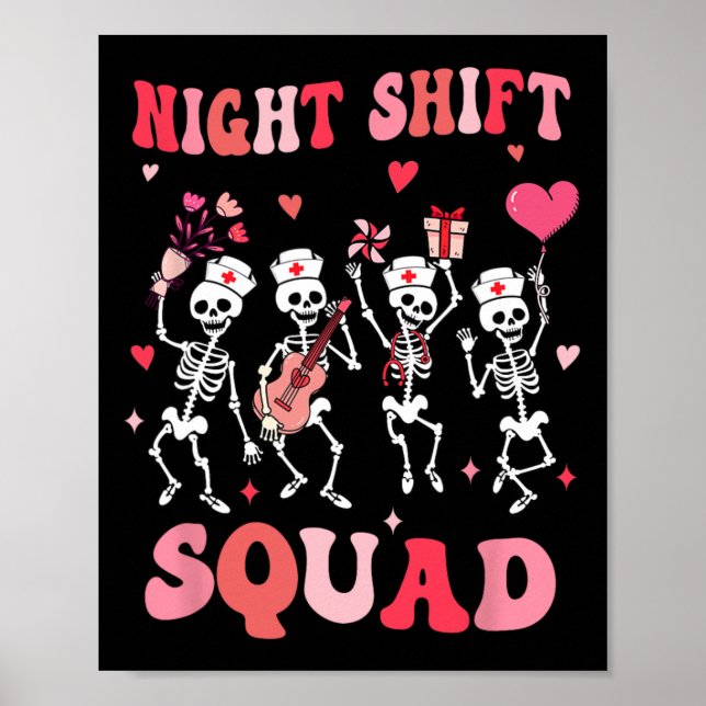 Póster Funny Night Shift Squad Nurses Skeleton Dancing Va (Frente)