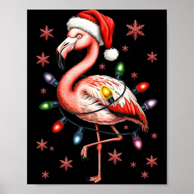 Póster Funny Nk Flamingo Christmas Tree Lights Xmas Snowf (Frente)