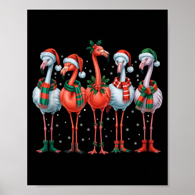 Póster Funny Nk Flamingos Merry Christmas Tree Xmas Snowf (Frente)