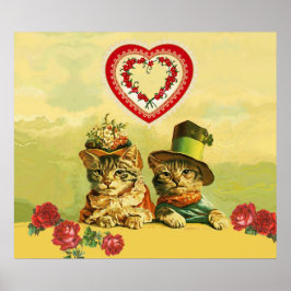 Póster FUNNY OLD FASHION VALENTINES DAY CATS,Hearts,Roses