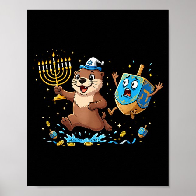 Póster Funny Otter Dreidel Menorah Hanukkah Kids Womens M (Frente)