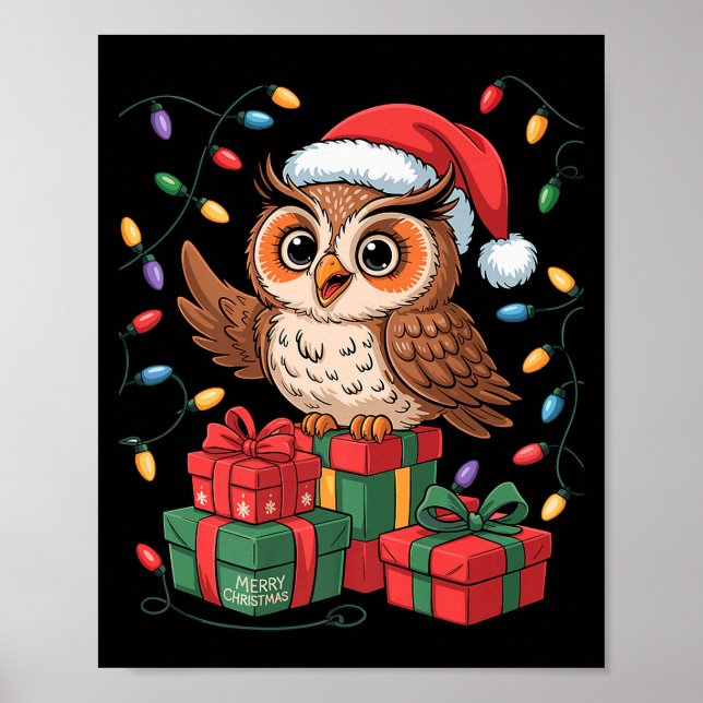 Póster Funny Owl Santa Hat Animals Lovers Ugly Christmas  (Frente)