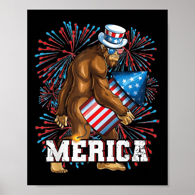 Póster Funny Patriot Sasquatch Bigfoot Fuegos artificiale (Frente)